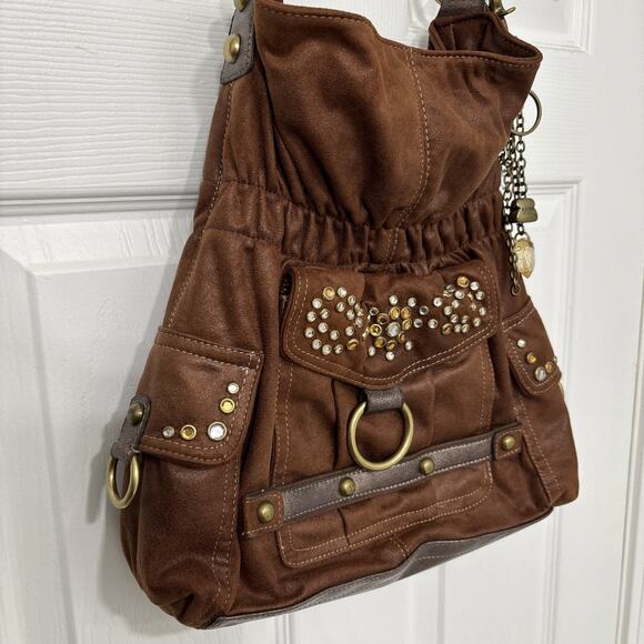 Kathy Van Zeeland Shoulder Bag Purse Brown Faux Suede Leather Hobo Bling Charms - Picture 3 of 10
